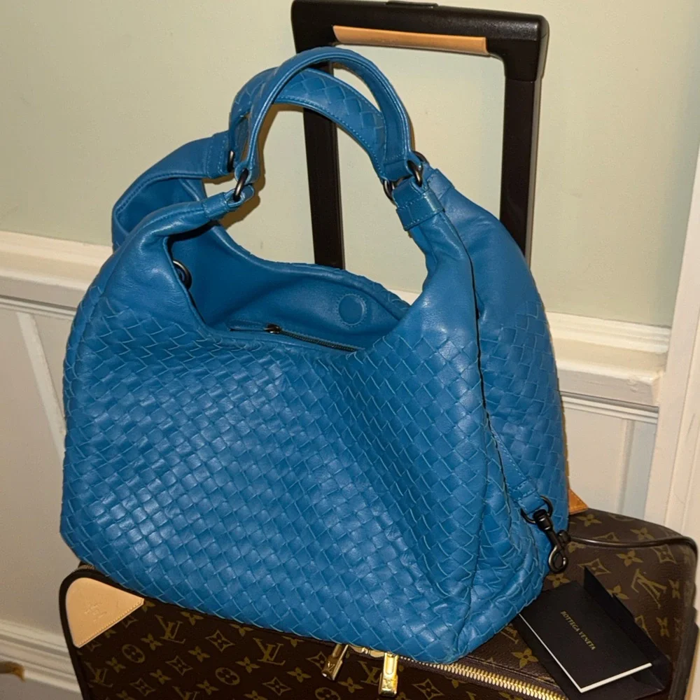 Bottega Veneta Intrecciato Blue Campana Woven Leather Hobo Bag Tote Purse